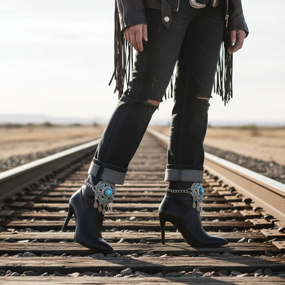 Women 2PCS Silver Metal Boot Chain Bracelet Shoe Anklets Turquoise Flower Ethnic - Picture 13 of 17